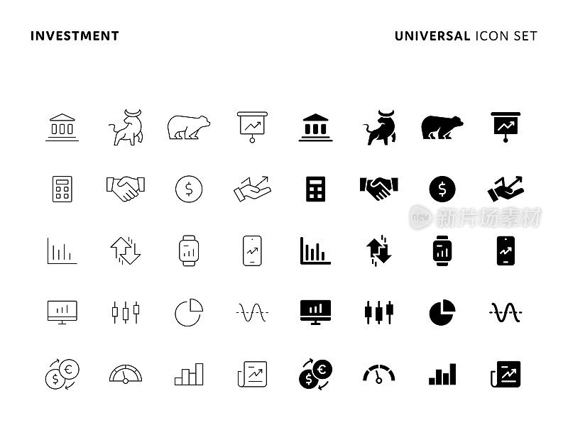 投资Universal Solid和Line图标设置与可编辑的描边。图标适用于网页，移动应用程序，UI, UX和GUI设计。